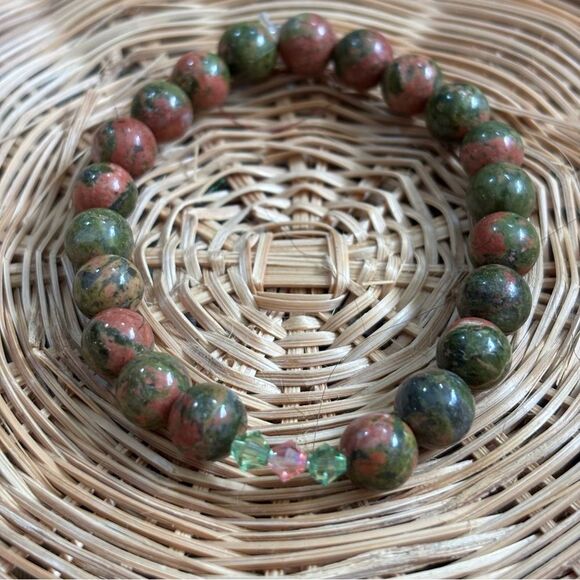 UNAKITE & Swarovski crystal Elegant Green and Pink Beaded Bracelet 7” - Picture 1 of 3